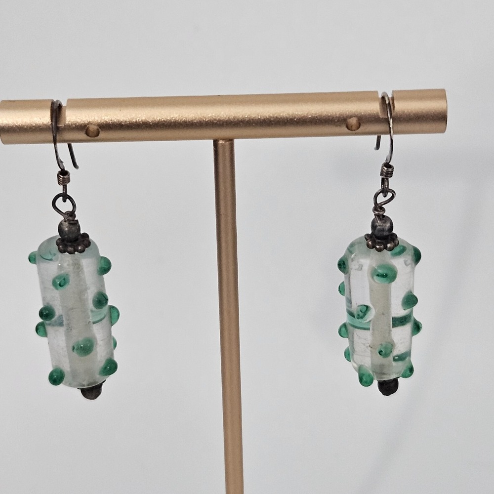 Sterling Silver Lamp Work Art Glass Earrings Clear Green nobs bumps